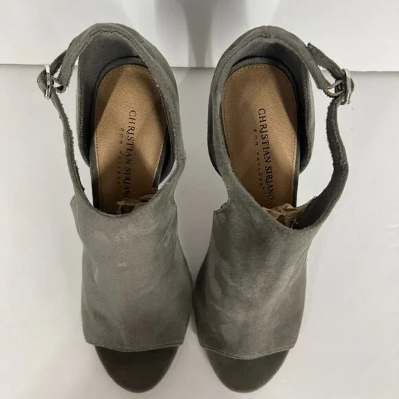 Christian Siriano Taupe / Green Faux Suede Open Toe High Heels Sz 8.5 - Picture 3 of 15